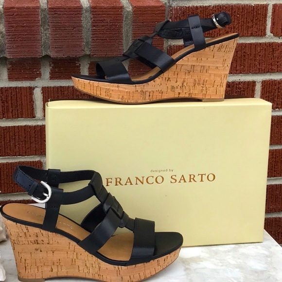 NWT In Original Box Franco Sarto Cera Blk Leather Cork Wedge Sandals Size 7.5 M - Picture 12 of 15
